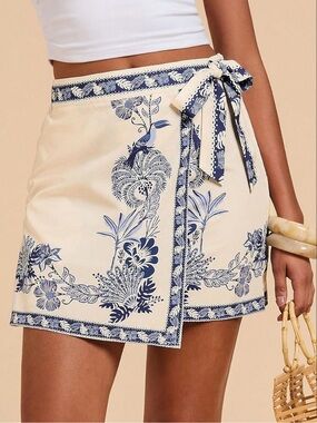 Cream & Navy Floral Wrap Mini Skirt- XS